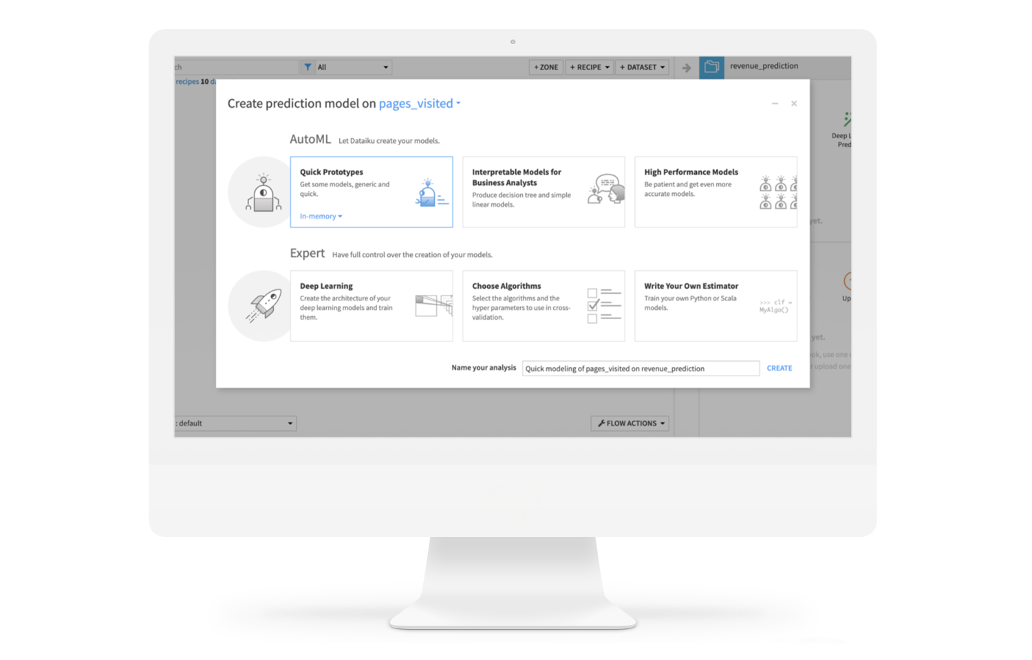 Screenshot of Dataiku showing how to choose your own AutoML adventure