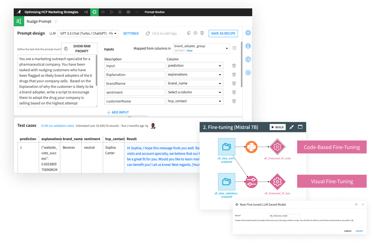 screenshots of Dataiku showing Prompt Studios and code-free model fine tuning to continuously improve performace of genAI applications and AI agents